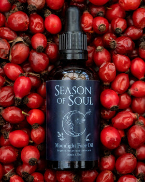 Bottle of 'Season of Soul' moonlight face oil surrounded by rosehips