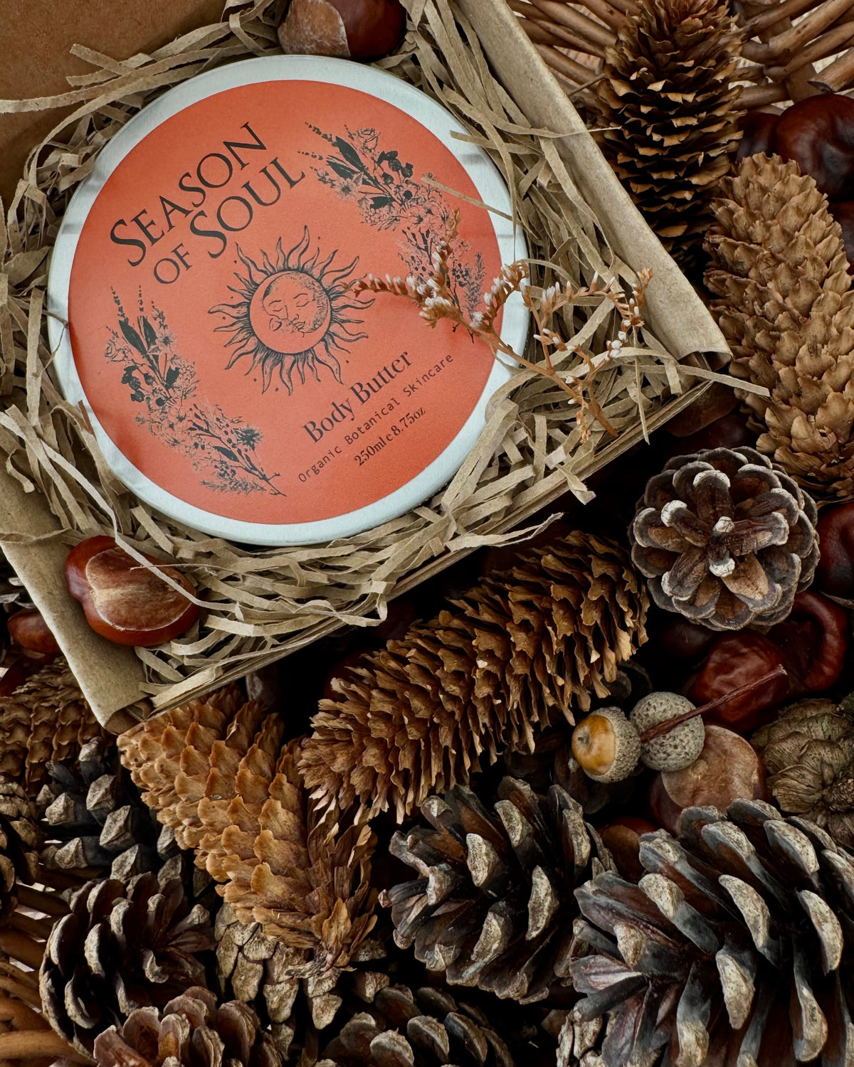 Body butter container labeled 'Season of Soul' surrounded by pine cones and acorns.